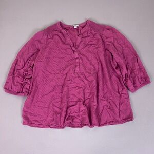 Falls Creek Blouse Women's 1X Magenta Purple Dobby Textured Smocked 3/4 Sleeve